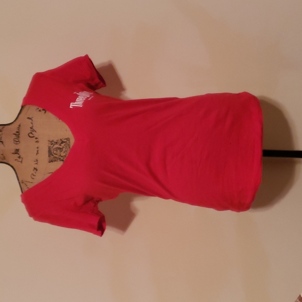 Red Fitted V-Neck Three Olives Vodka Shirt.